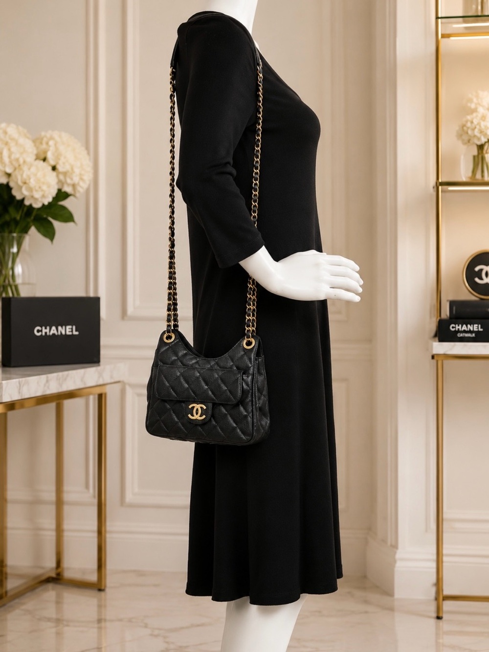 Caviar Quilted Wavy CC Hobo Black